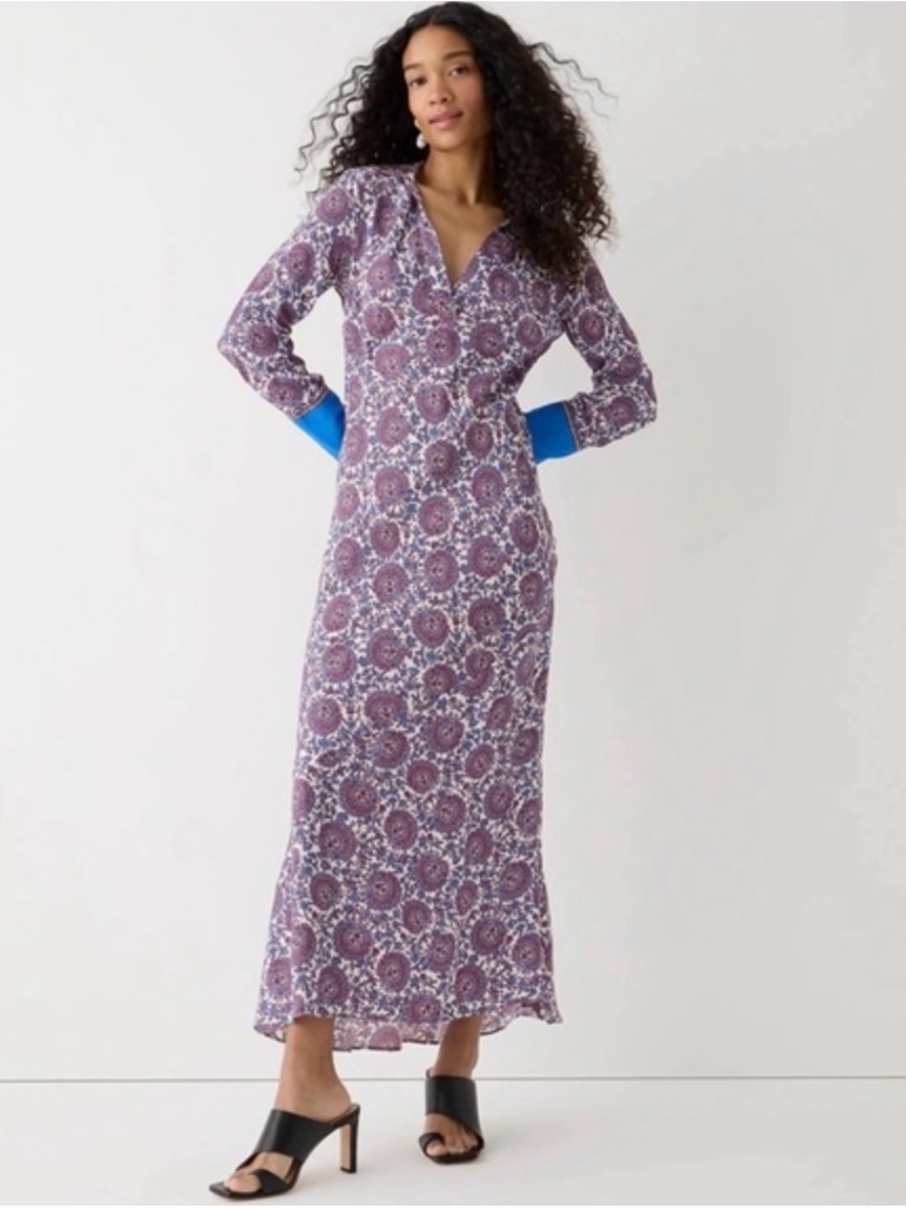 J.Crew Blue Cupro Collared  Printed Long-Sleeve V-Neck Maxi Dress